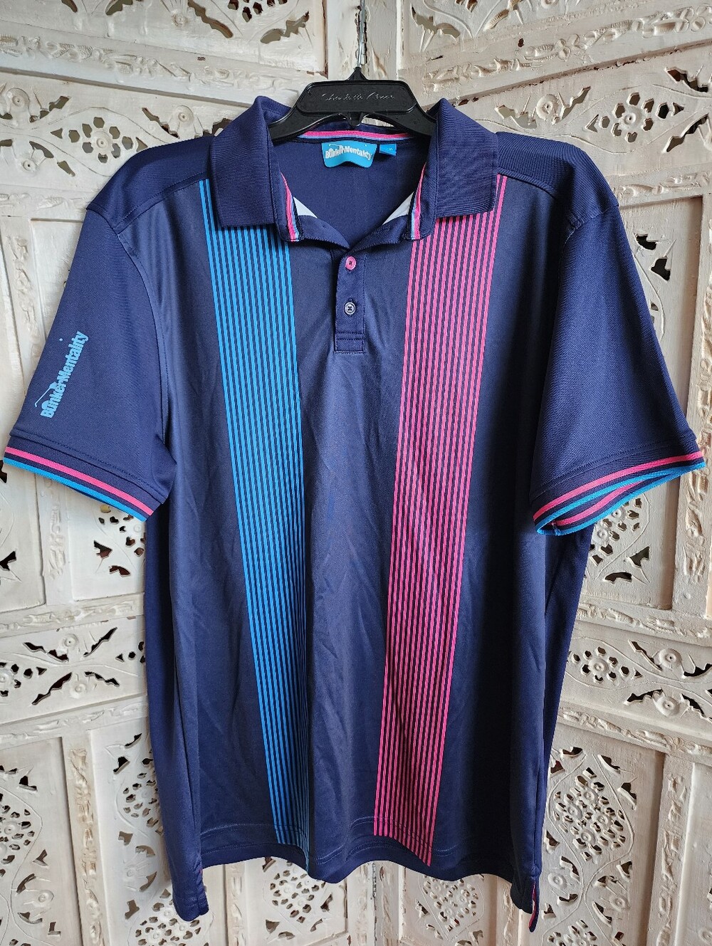 Bunker Mentality Golf Polo Short Sleeve- Mens Size Large- Blue, Pink Striped